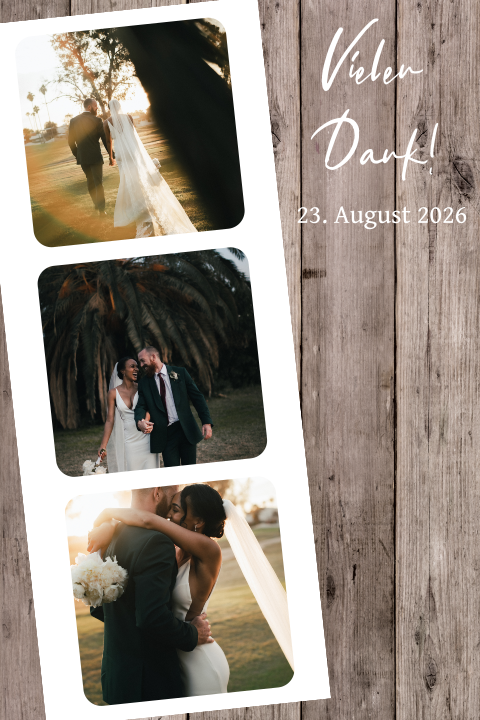 Dankeskarte Hochzeit mit Holzlook und Fotostreifen