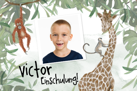 Coole Einschulungskarte mit Zeichnungen von Affen und einer Giraffe