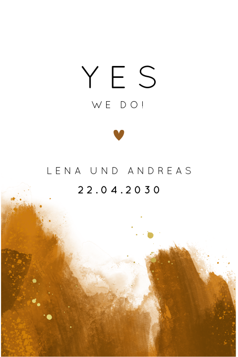 Hochzeitskarte mit origineller Form und ockerfarbenem Aquarell