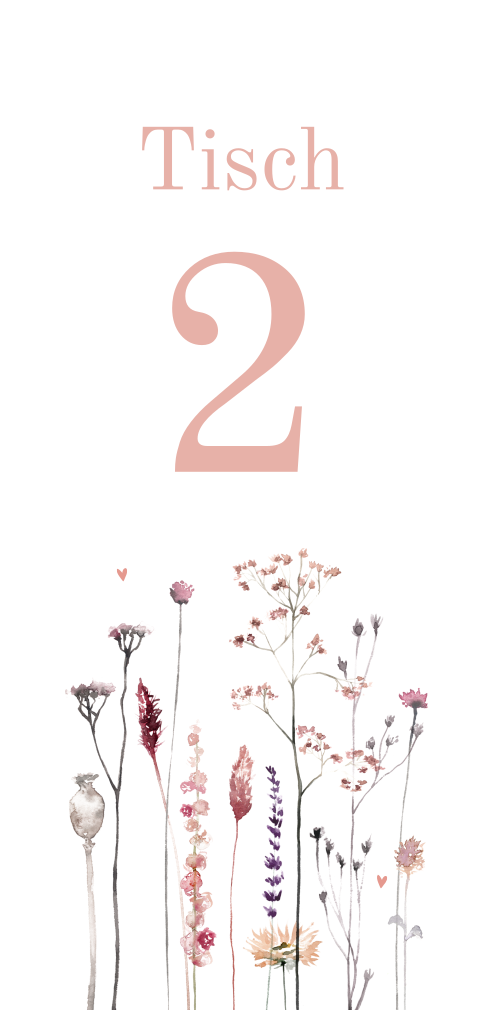 Karte mit Tischnummer zum Thema "Bohemian Flowers"