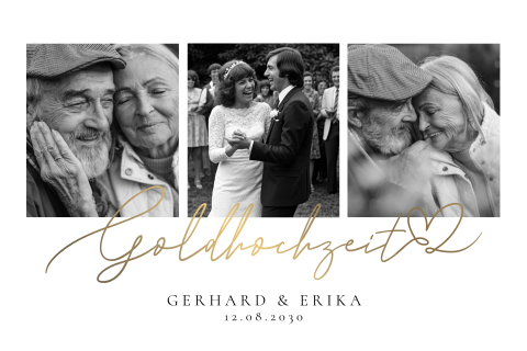 Moderne Einladung zur Goldenen Hochzeit mit drei Fotos und Mattgoldfolie