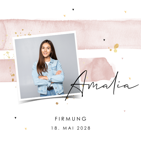 Moderne Einladung zur Firmung mit Foto und rosa Aquarell Strichen