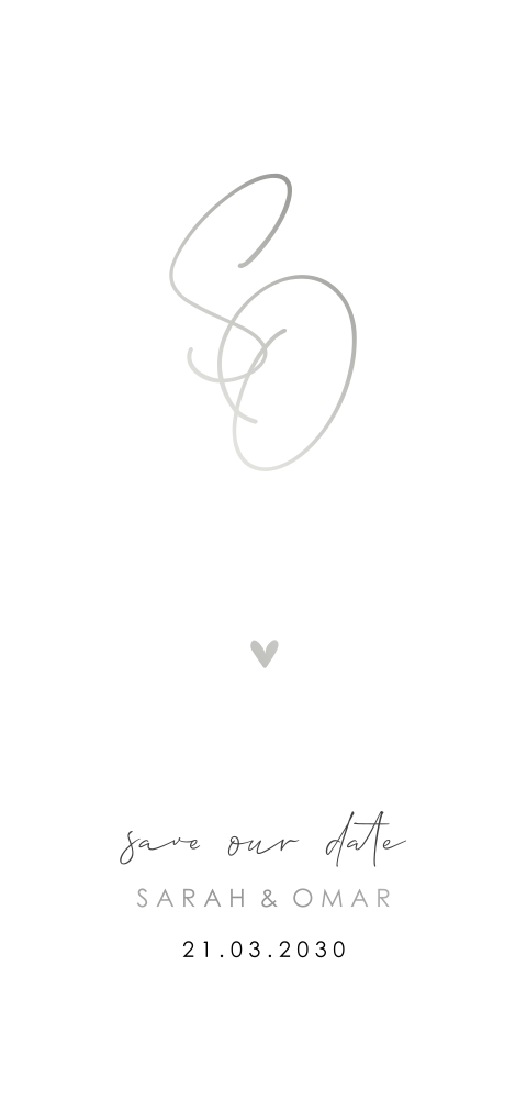 Minimalistische Save the Date Karte mit Initialen in Silberfolie
