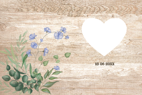 Stilvolle Hochzeitskarte mit offenen Herz und blauen Blumen