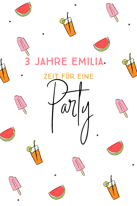 Fröhliche Einladung Kindergeburtstag mit sommerlichen Illustrationen