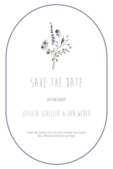 Florale Save the Date Karte in ovaler Form mit gebundenem Blumenstrauß