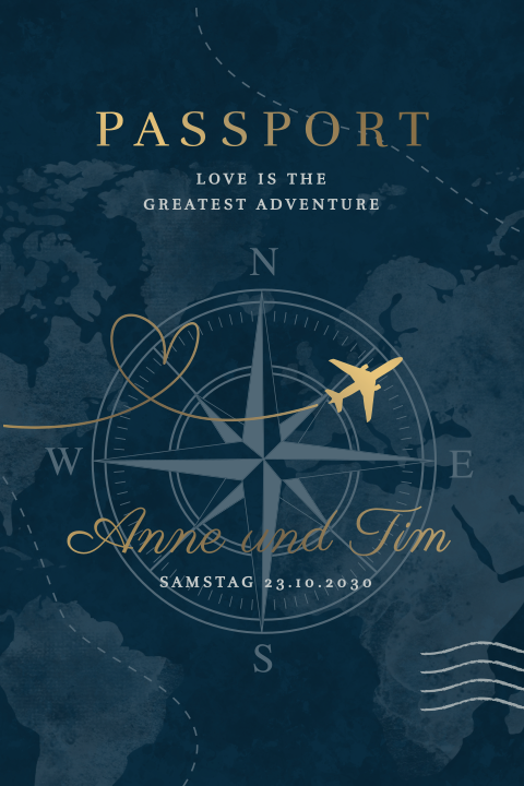 Reisepass-Hochzeitskarte blau mit Kompassrose und Mattgoldfolie