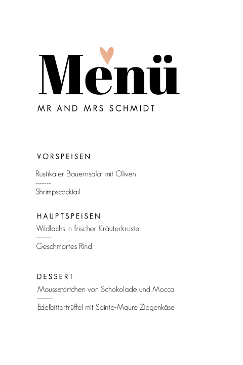 Moderne Speisekarte mit Roségoldfolie-Herz
