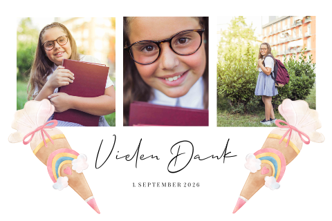 Dankeskarte zur Einschulung mit drei Fotos und Schultüte