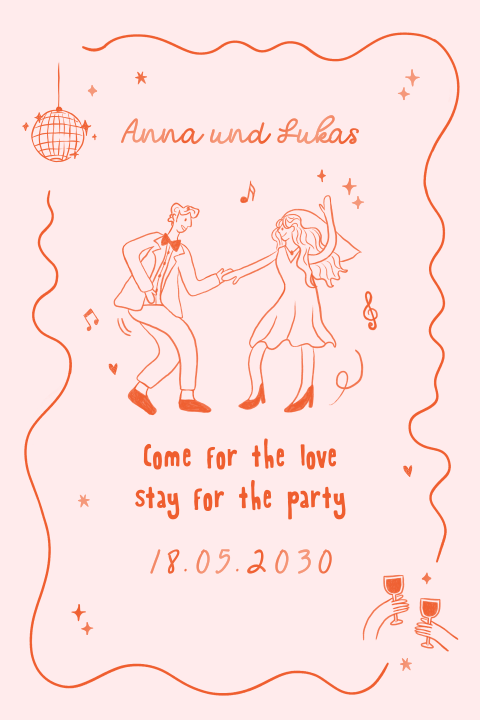 Originelle Hochzeitseinladung in Orange mit Illustrationen und Hochglanz