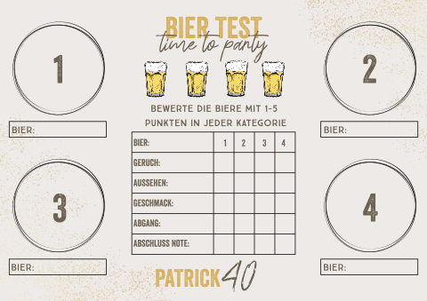 Tischset zum 40. Geburtstag mit Bier Bewertungsspiel oder Test