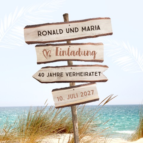 Einladung zur Rubinhochzeit im Stranddesign mit Wegweisern