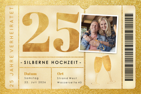 Einladungskarte zur silbernen Hochzeit in Kartenform mit goldener 25