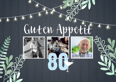 Tischset für 80. Geburtstag mit Fotos, Lichterketten und Zweigen