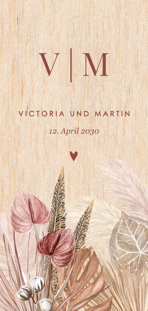 Bohemian Hochzeitskarte aus Holz mit Initialen und Blättern