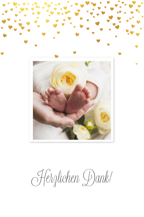 Dankeskarte Taufe mit Foto und goldenem Konfetti mit Herzen