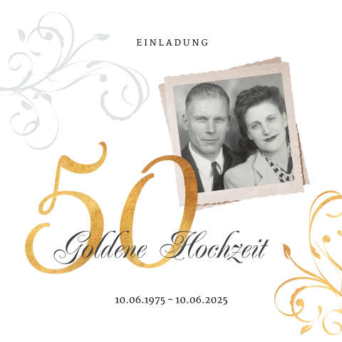 Schicke verschnörkelte Einladung zur goldenen Hochzeit mit Foto