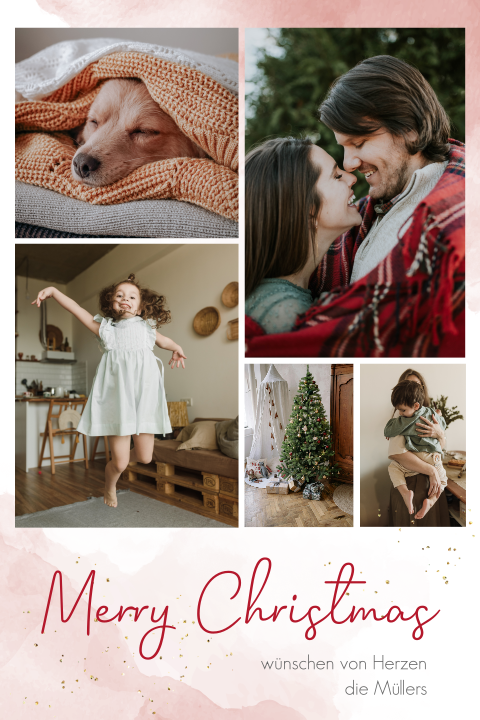 Weihnachtskarte mit Fotocollage auf aquarell Hintergrund