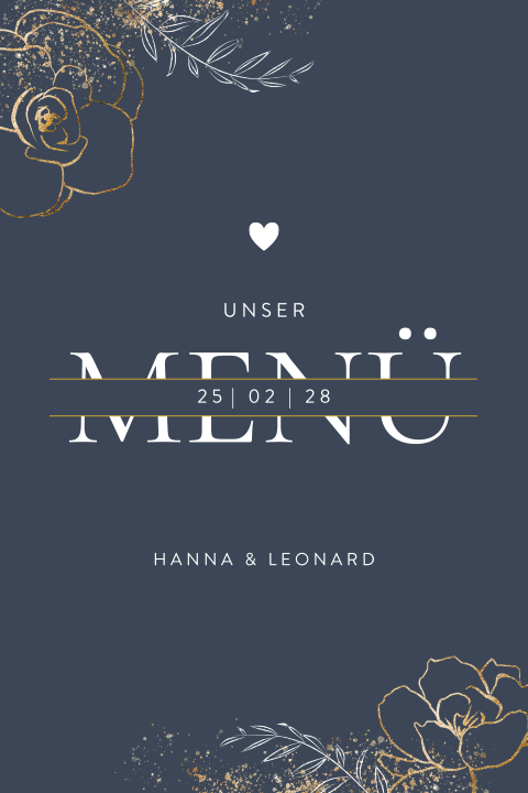 Dunkelblaue Menükarte mit goldenen Blumen