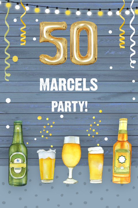 Einladung zum 50. Geburtstag mit Bieren und Luftschlangen auf Holz