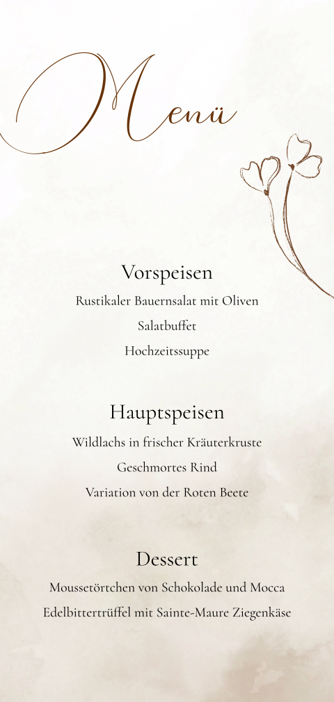 Menükarte in neutralen Farbtönen mit geschwungener Schrift