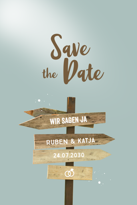 Save the Date Karte mit Strandwegweiser und Ringe