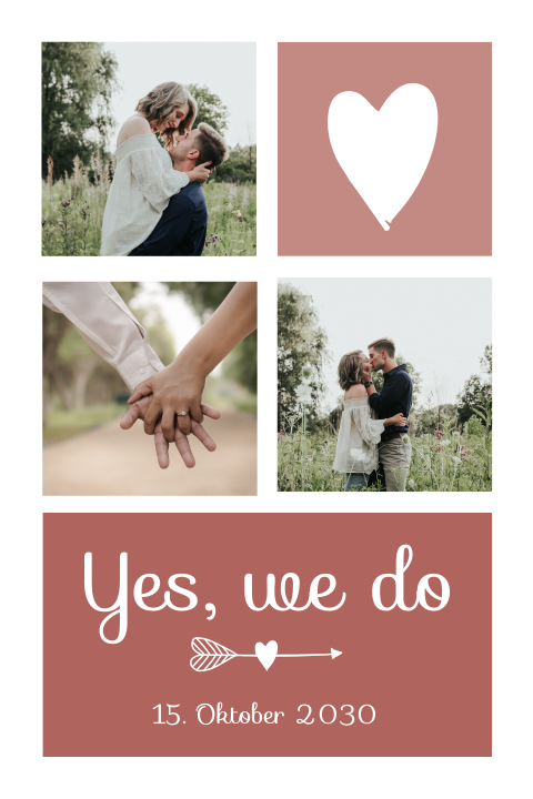 Romantische Hochzeitseinladung mit rosa Herzen und Fotos