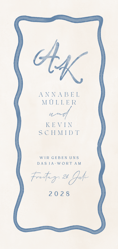 Hochzeitseinladung mit blauem, welligen Rand und blauem Monogram