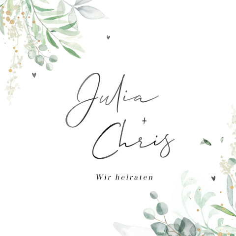 Quadratische Einladung zur Hochzeit mit grünen Zweigen