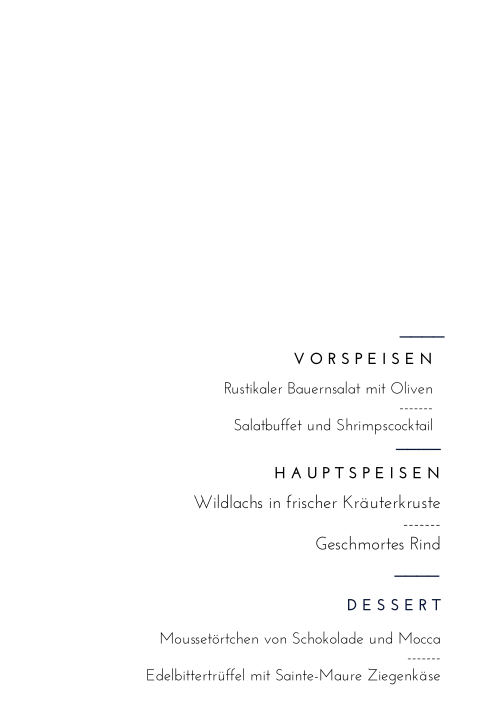 Klassische Speisekarte für das Hochzeitsdinner