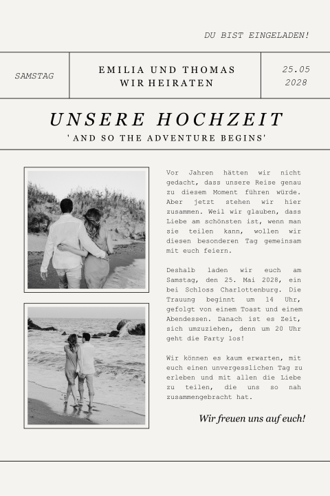 Einladung zur Hochzeit mit minimalistischem Zeitungsdesign und Fotos