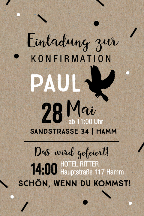 Hippe Einladung zur Konfirmation mit Taube