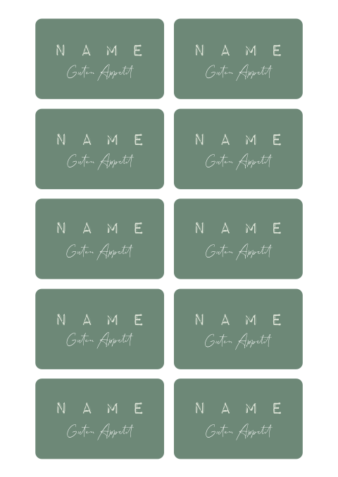 Namenskarten in grün mit runden Ecken und kursiver Schrift