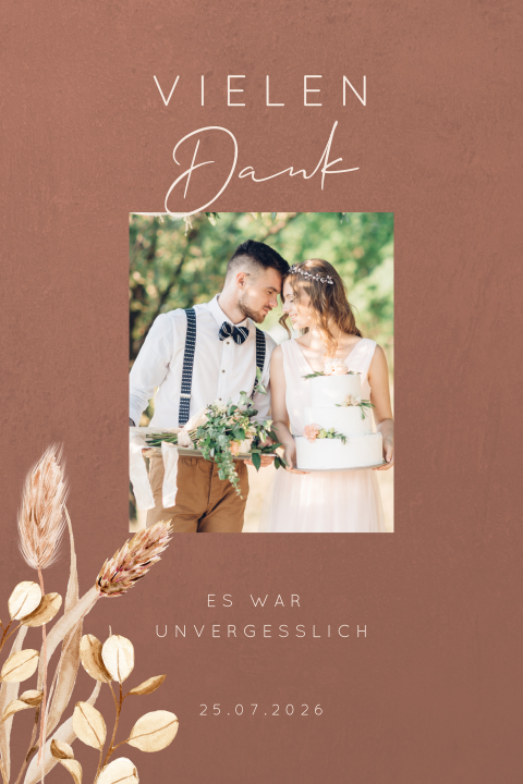 Vintage-florale Hochzeit-Dankeskarte mit Foto und Trockenblumen