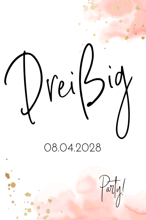 Einladung zum 30. Geburtstag mit rosa Aquarell und goldenen Tupfen