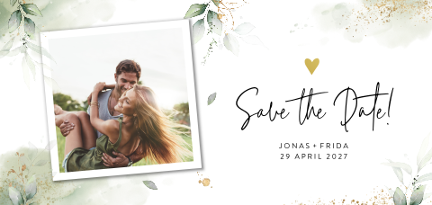 Botanische Save-the-Date-Karte mit Foto, Goldfolie und Blättern