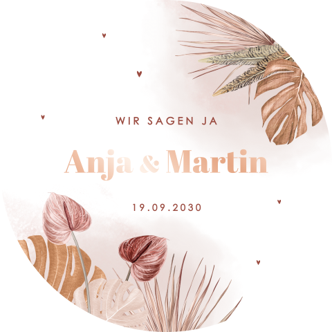 Runde Hochzeitskarte mit exotischen Blumen und Zweigen