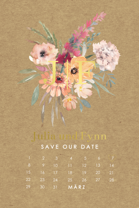 Save the date Karte mit Blumen in Kraftpapier-Look