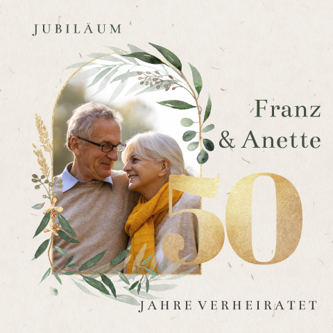 Botanische Einladung zur goldenen Hochzeit mit Bild und Zweigen