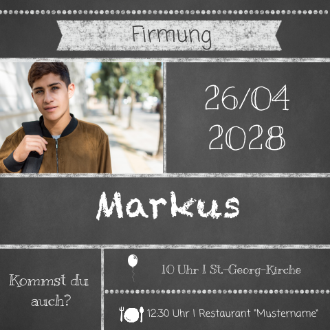 Coole Einladung zur Firmung im Schultafellook mit Foto