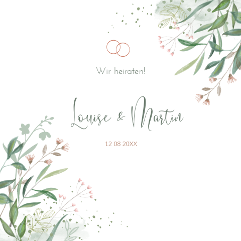 Botanische Hochzeitskarte mit geschwungenen Zweigen und Blumen