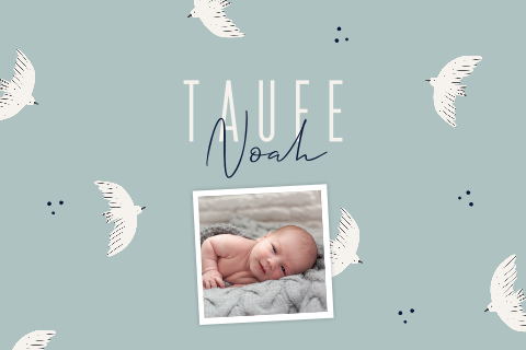 Hellblaue Einladung zur Taufe mit Vögeln und Foto