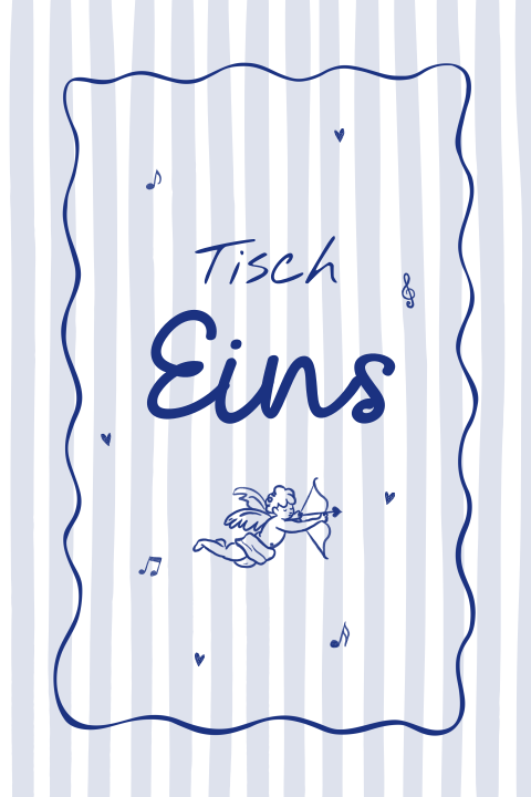 Tischnummer in Blau mit Streifenmuster und Illustrationen