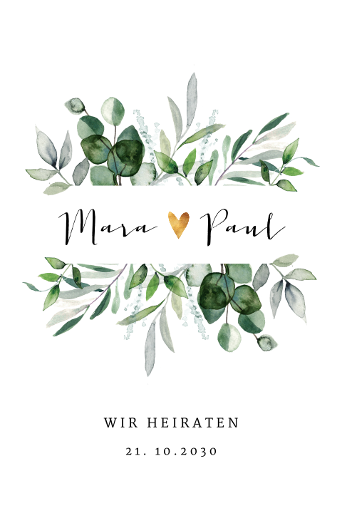 Aparte Hochzeitskarte mit grünen Aquarell Zweigen und goldenem Herz