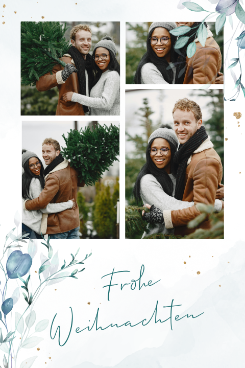 Weihnachtskarte Collage mit Eukalyptuszweigen und Glitzerelementen