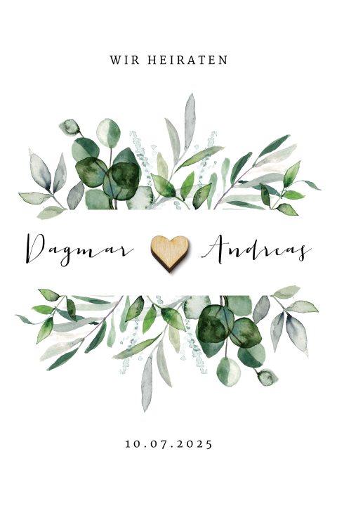 Florale Einladung Standesamt “Eukalyptus” | optionales Holzherz