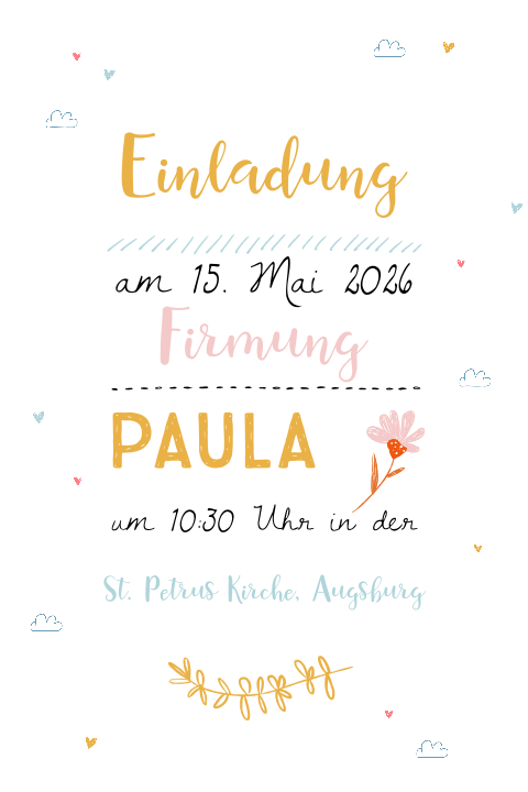 Einladung zur Firmung mit verspielten Schriftarten und bunten Farben