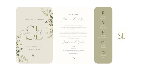 Elegante Pocketfold-Hochzeitskarte grün mit Initialen und Blumen