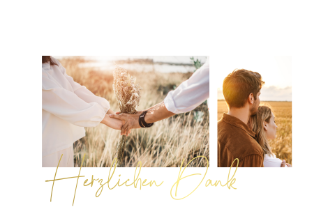 Dankeskarte mit zwei Fotos und Goldfolien-Text