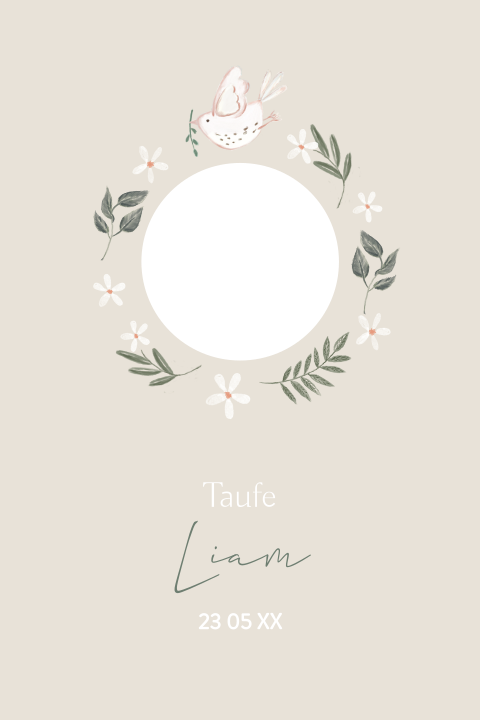 Eine hübsche Karte zur Taufe mit durchsichtigen Blumen und einer Taube